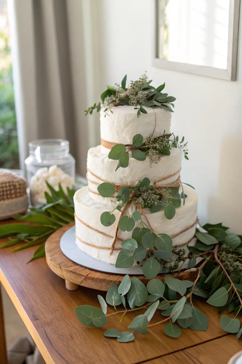 Embrace natural elegance with a eucalyptus-adorned boho diaper cake.