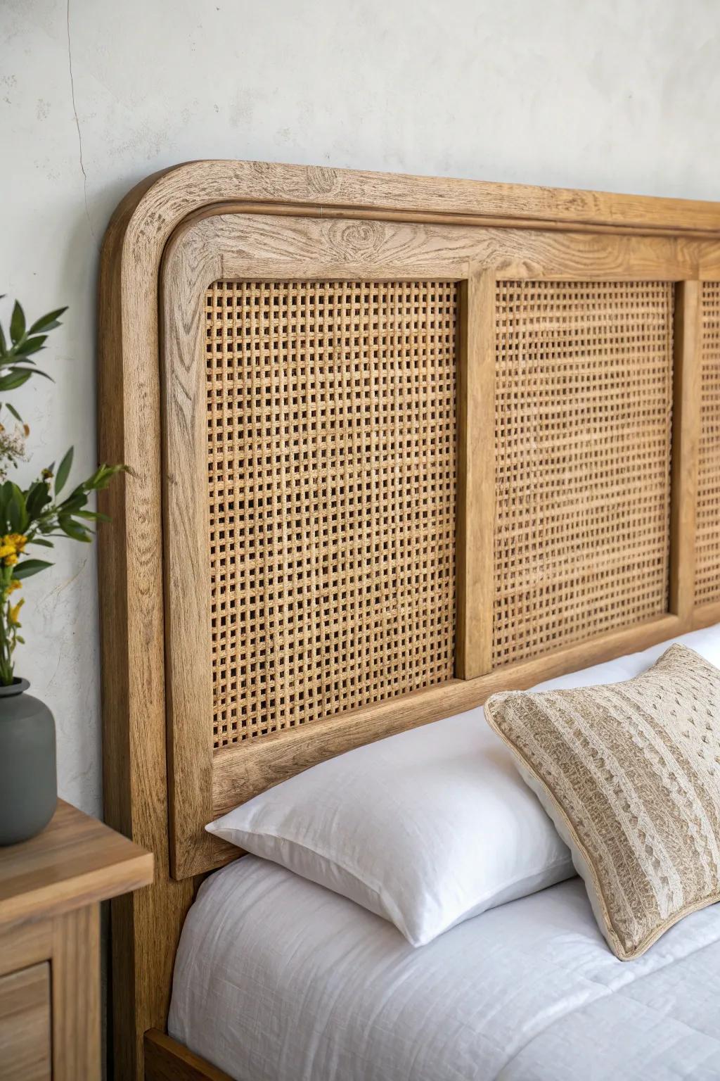 Airy cane webbing meets chunky reclaimed wood—an effortless boho farmhouse headboard.