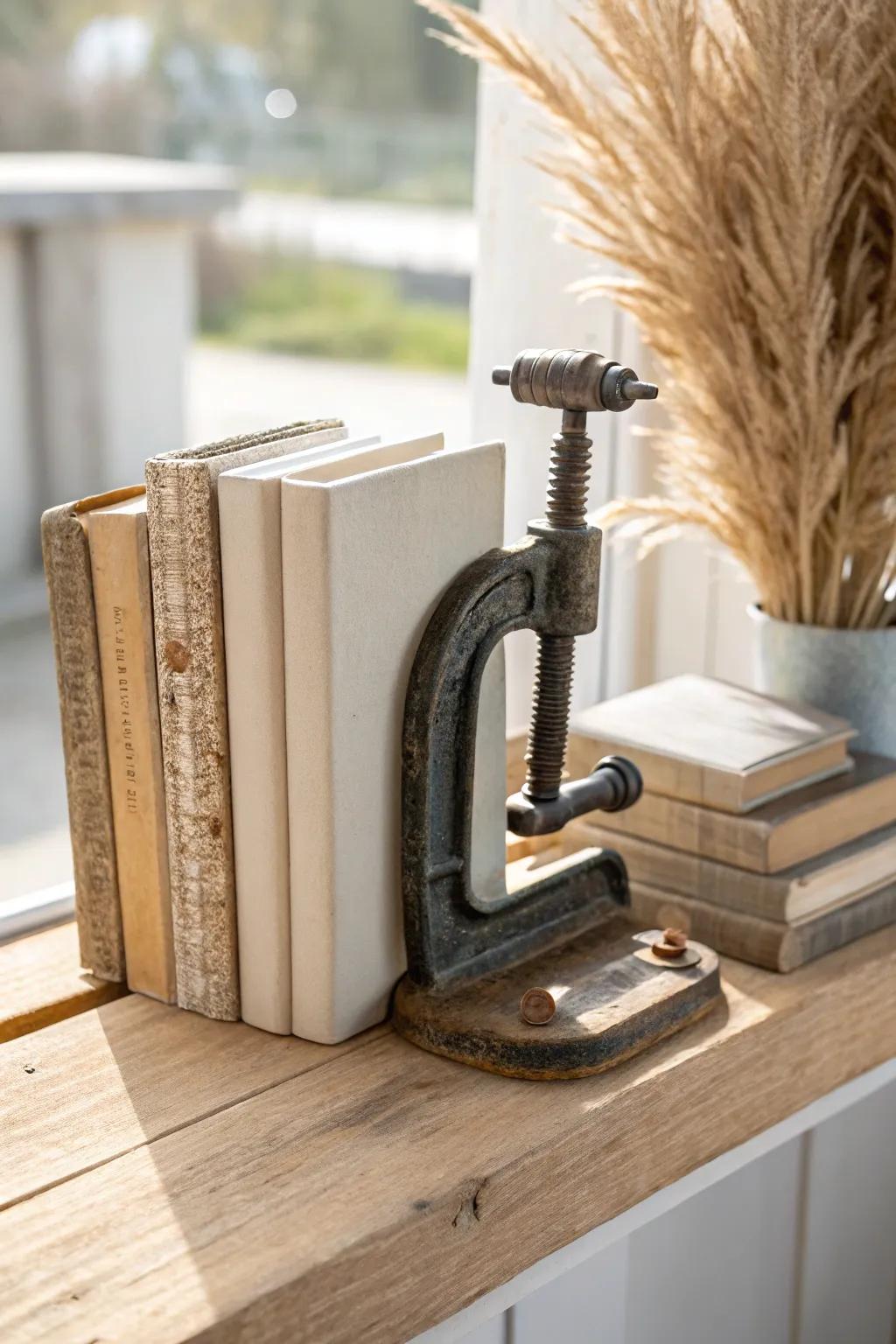 Vintage clamp bookend: salvaged steel + oak pads for a bold industrial-meets-Scandi look.
