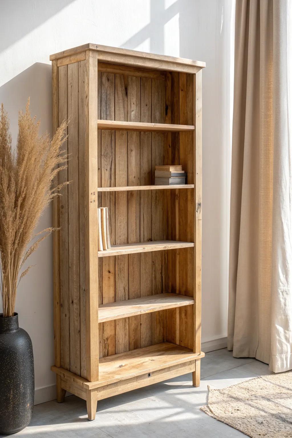 Reclaimed plank backing adds instant depth—making your bookcase display feel warm and elevated.