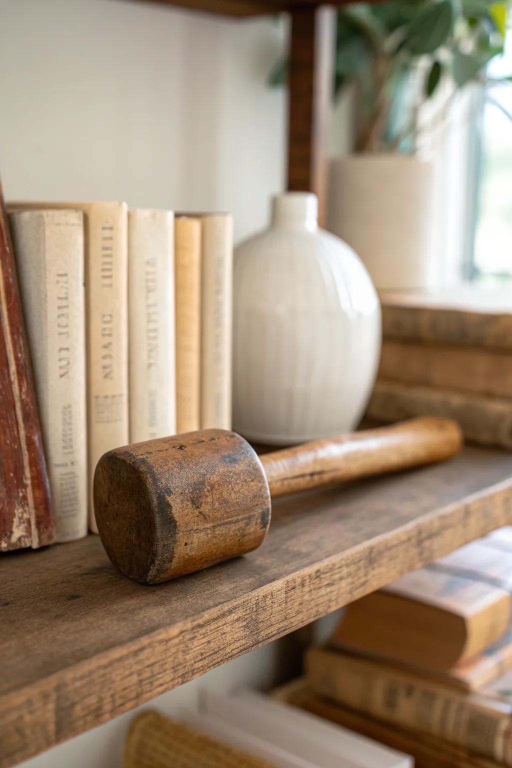 Vintage wooden mallet on reclaimed-wood shelves—rustic workshop character meets library calm.