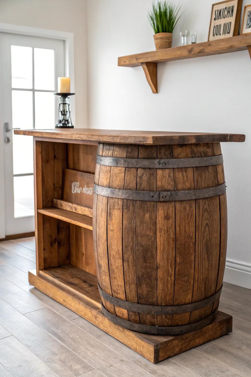 A speakeasy twist: a bourbon barrel bar with a hidden false-bottom compartment and magnet latch.