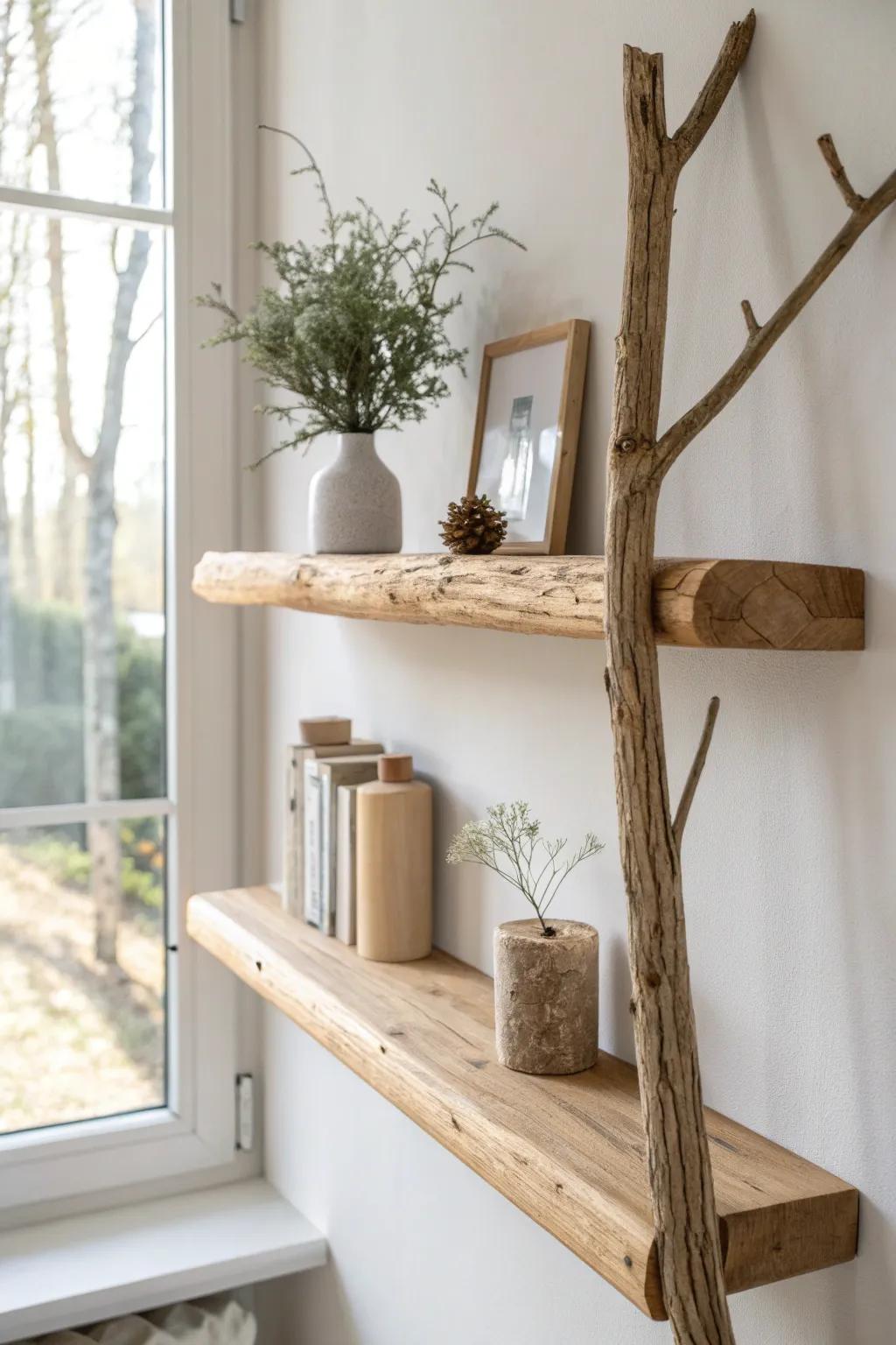 Organic branch-and-board shelves that turn simple wood into a boutique-worthy display.