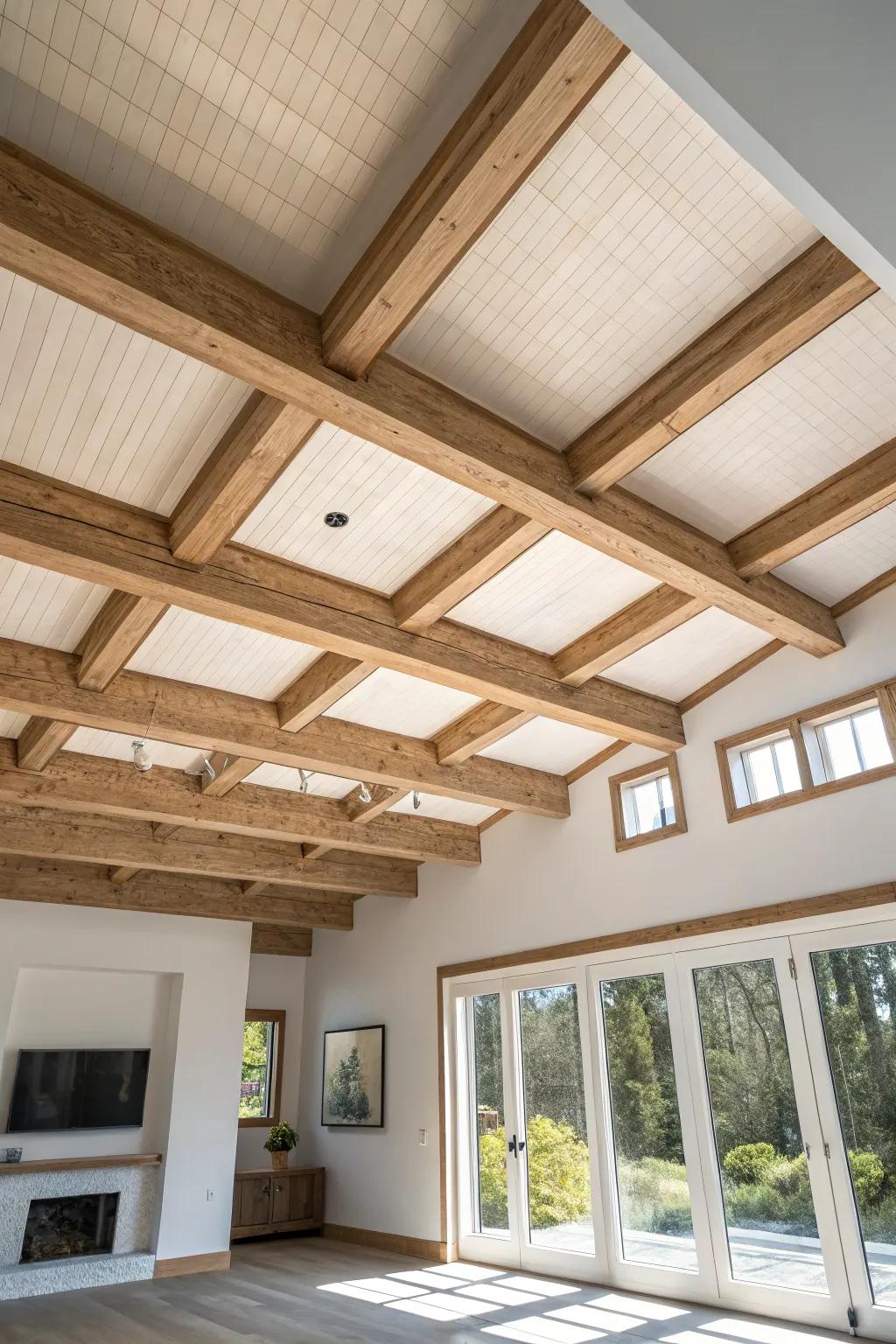 Offset box beam grids add modern personality—clean lines, warm oak, and airy contrast.