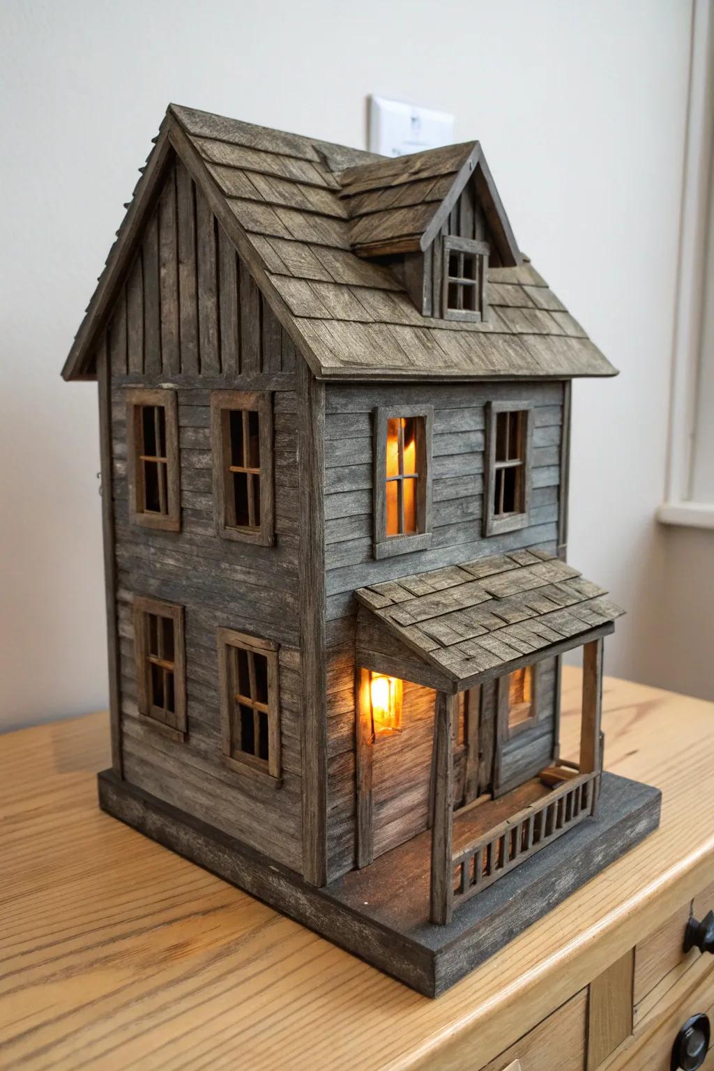 Haunted mystery dollhouse makeover: charred stain, boarded windows, and a soft eerie glow.