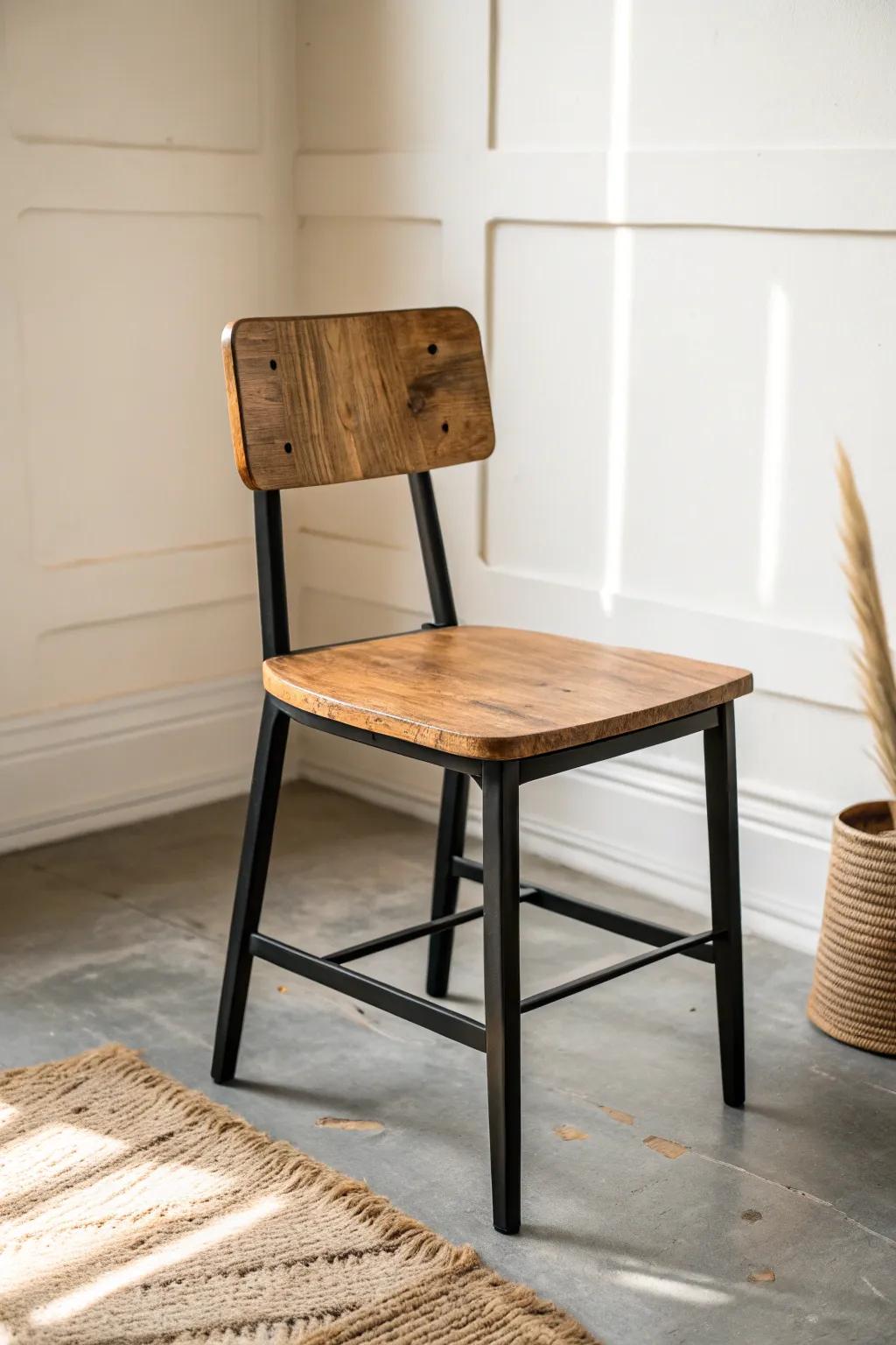 Reclaimed wood seat + simple black frame: an easy break-room chair upgrade with warm character.