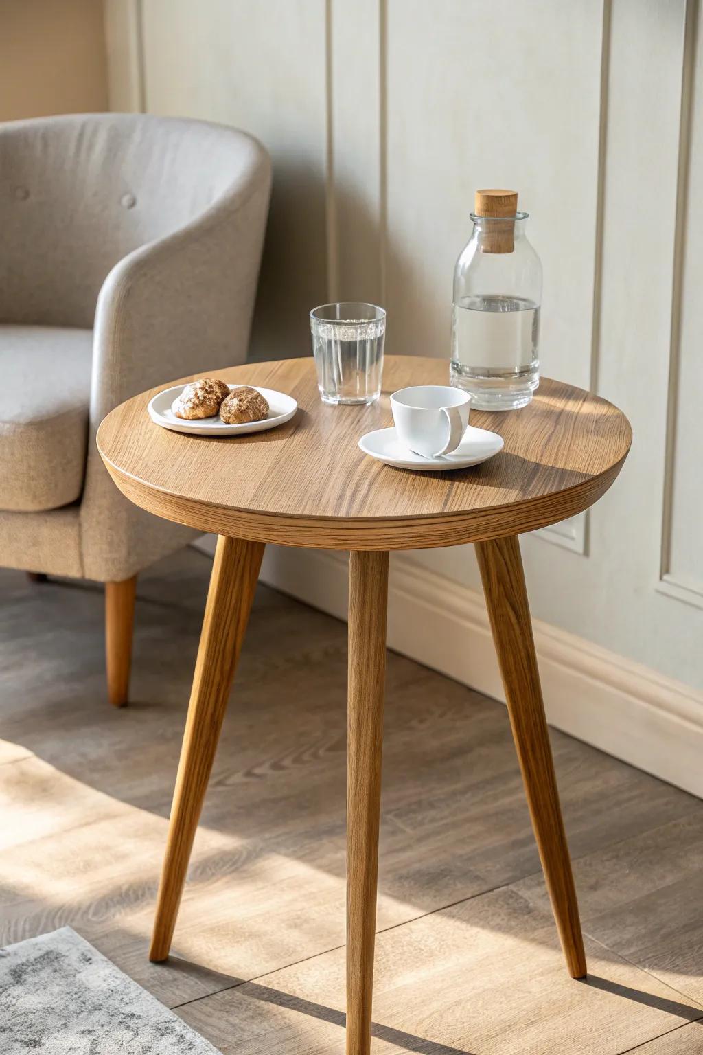 Resin-sealed side table: warm wood grain, wipe-clean top, effortless breakroom style.