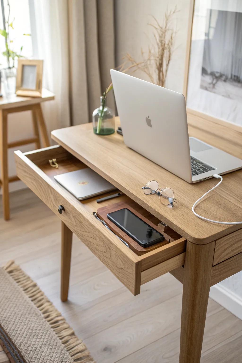A built-in corner desk with a sleek flip-up power hatch—goodbye messy cords, hello calm.