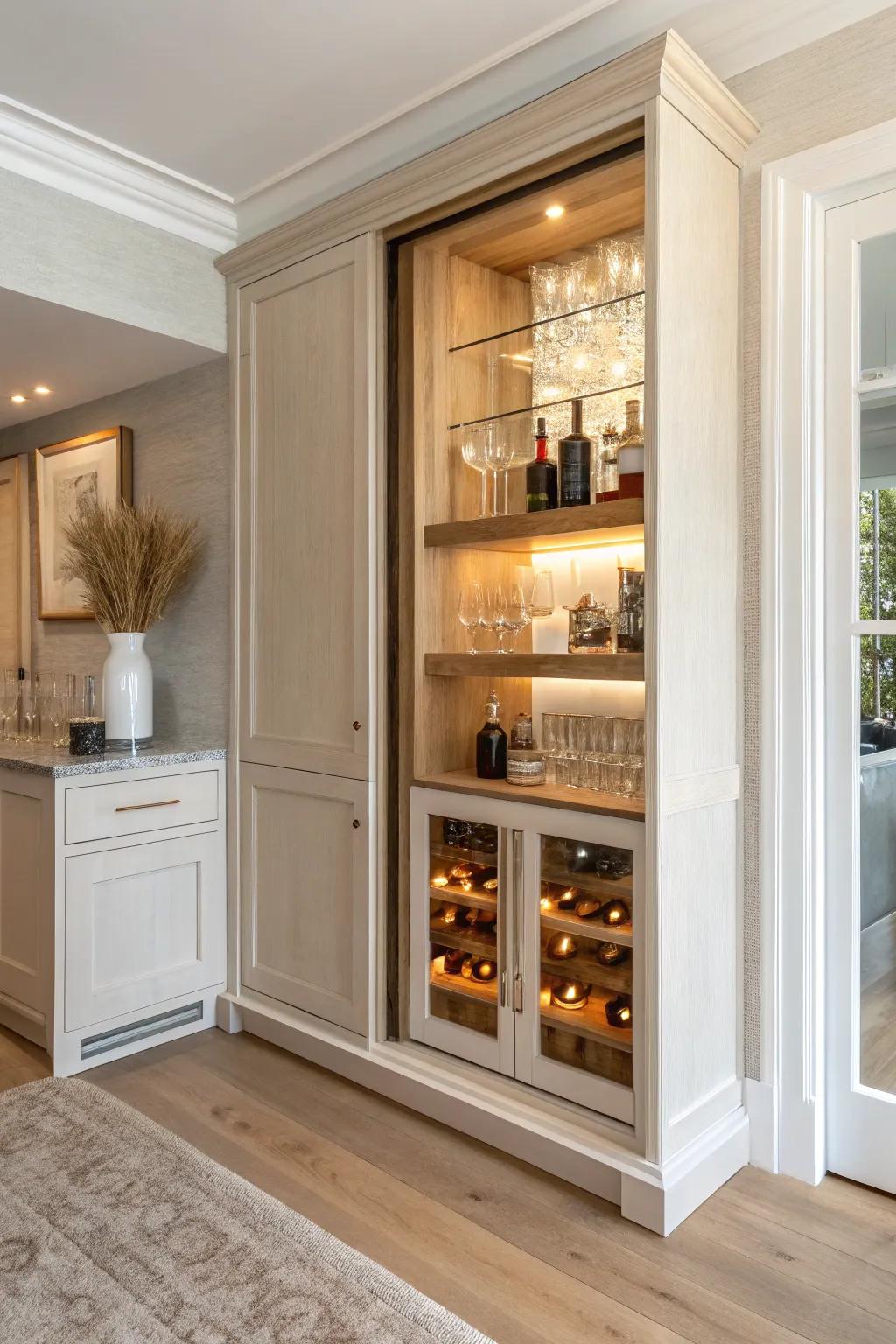 A seamless bookcase that swings open to reveal a hidden dry bar—minimal, warm, and wow-worthy.