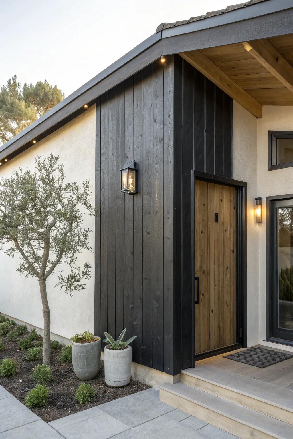 Charred wood accent wall: bold bungalow drama with warm trim and crisp greenery.