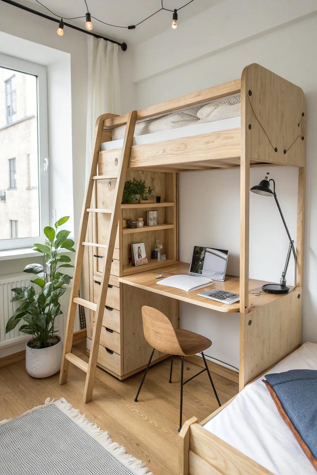 Fold-down plywood desk panel on the bunk—space-saving magic for tiny dorm room work zones.