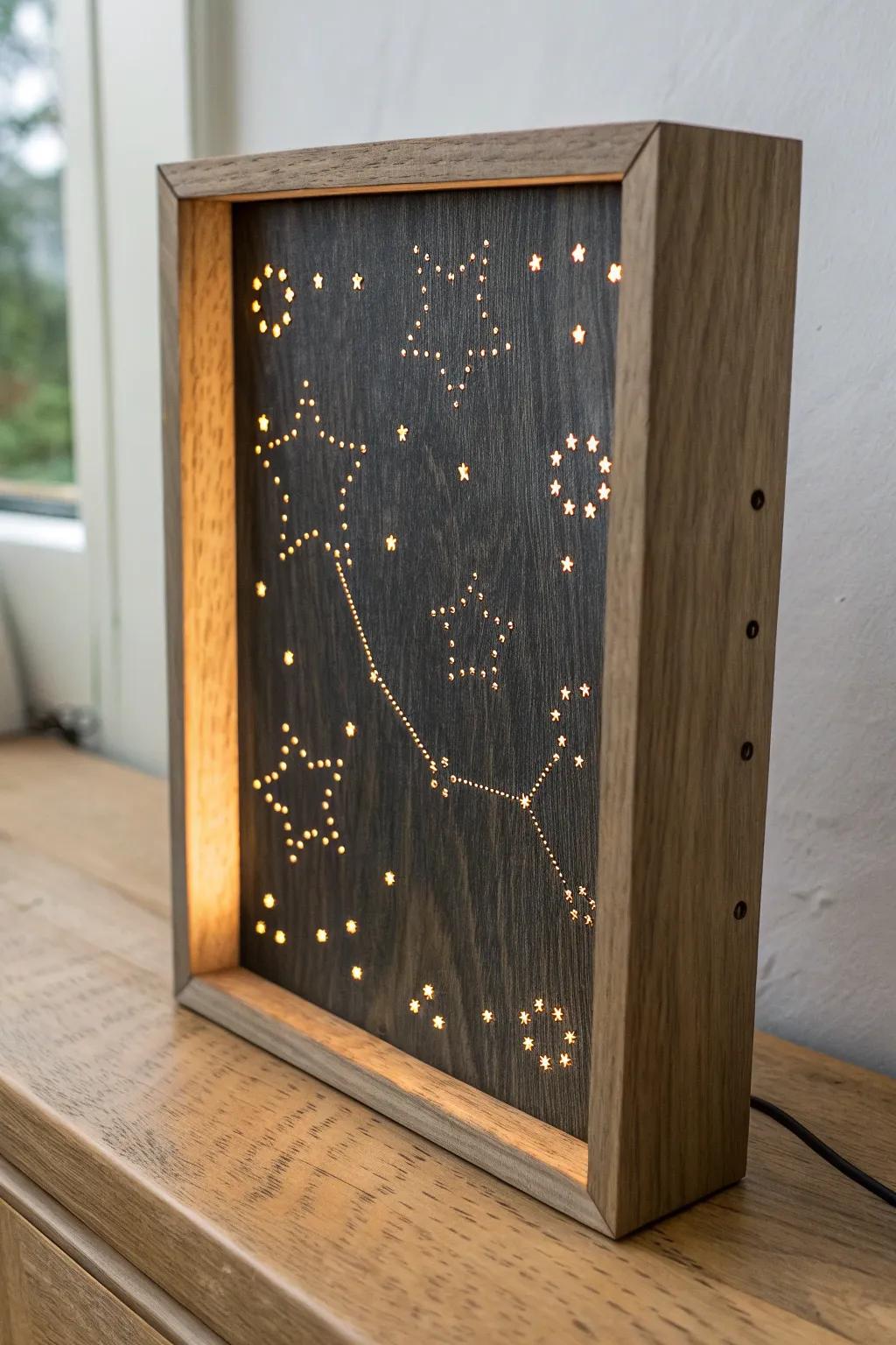 Burnt wood constellation panel with a warm backlight glow—minimal, cozy, and magical.
