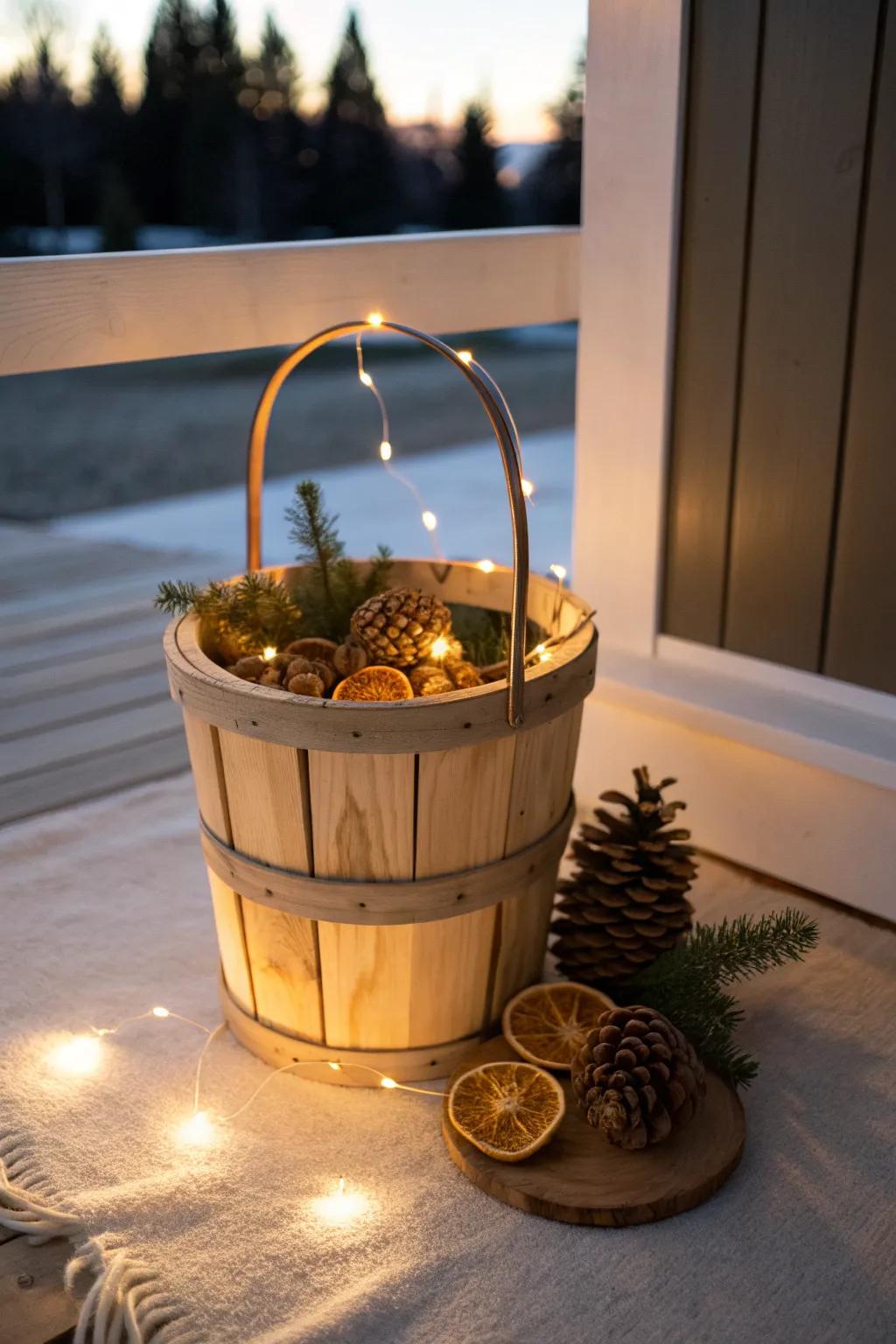 A cozy bushel basket lantern with string lights, pinecones, and dried oranges.