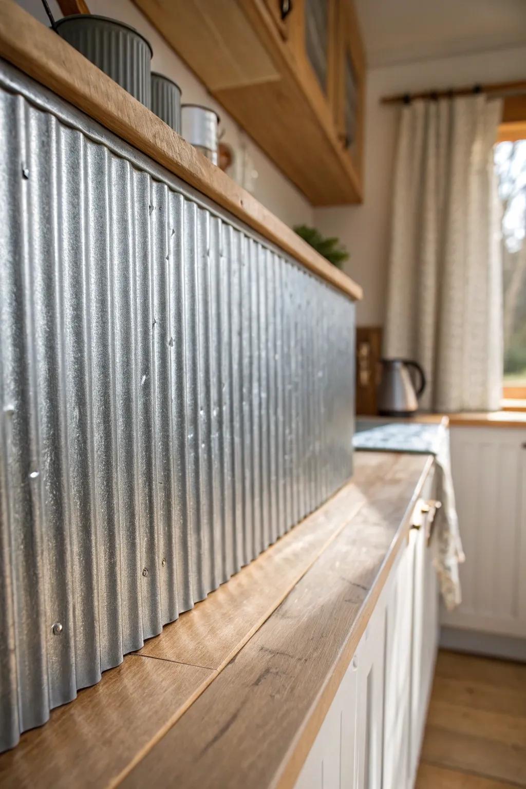 Rugged reclaimed corrugated metal backsplash—matte sealed for an easy-clean cabin glow.
