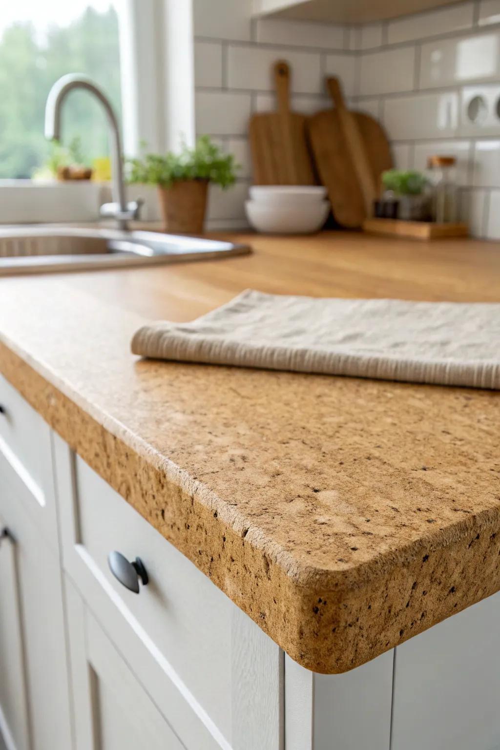 Warm cork countertop texture—quiet, cozy, and softly matte for calm cabin mornings.