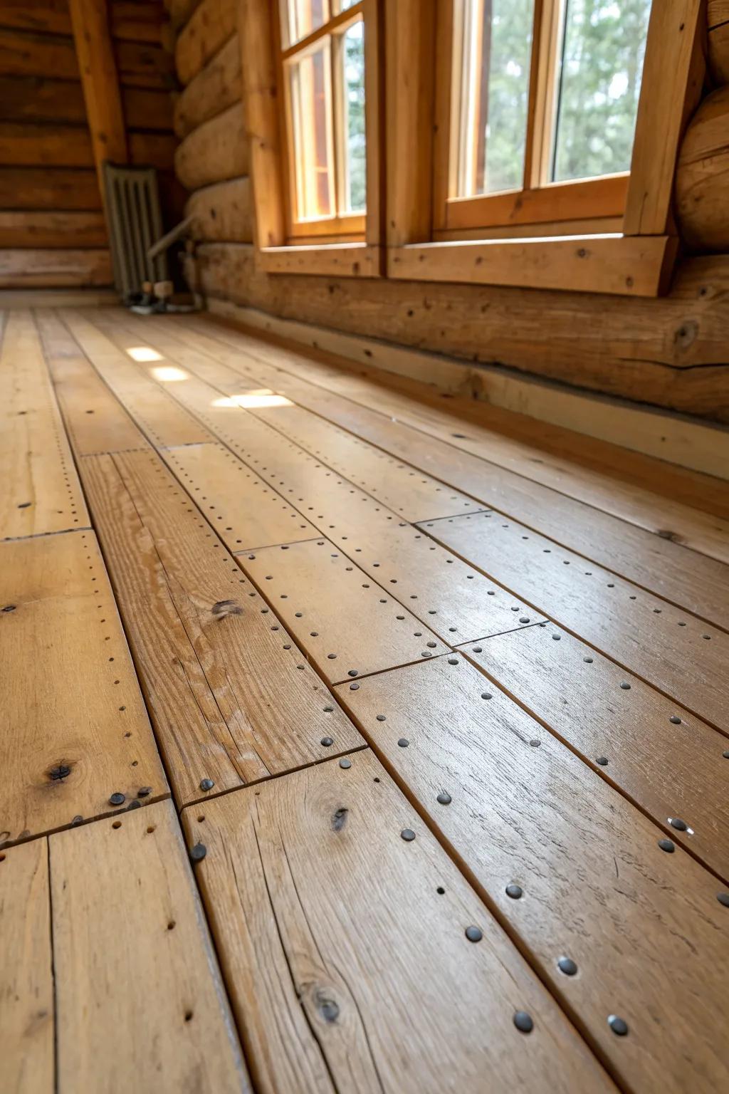 Pegged-plank cabin floors with contrasting dowel pins for timeless, handcrafted charm.