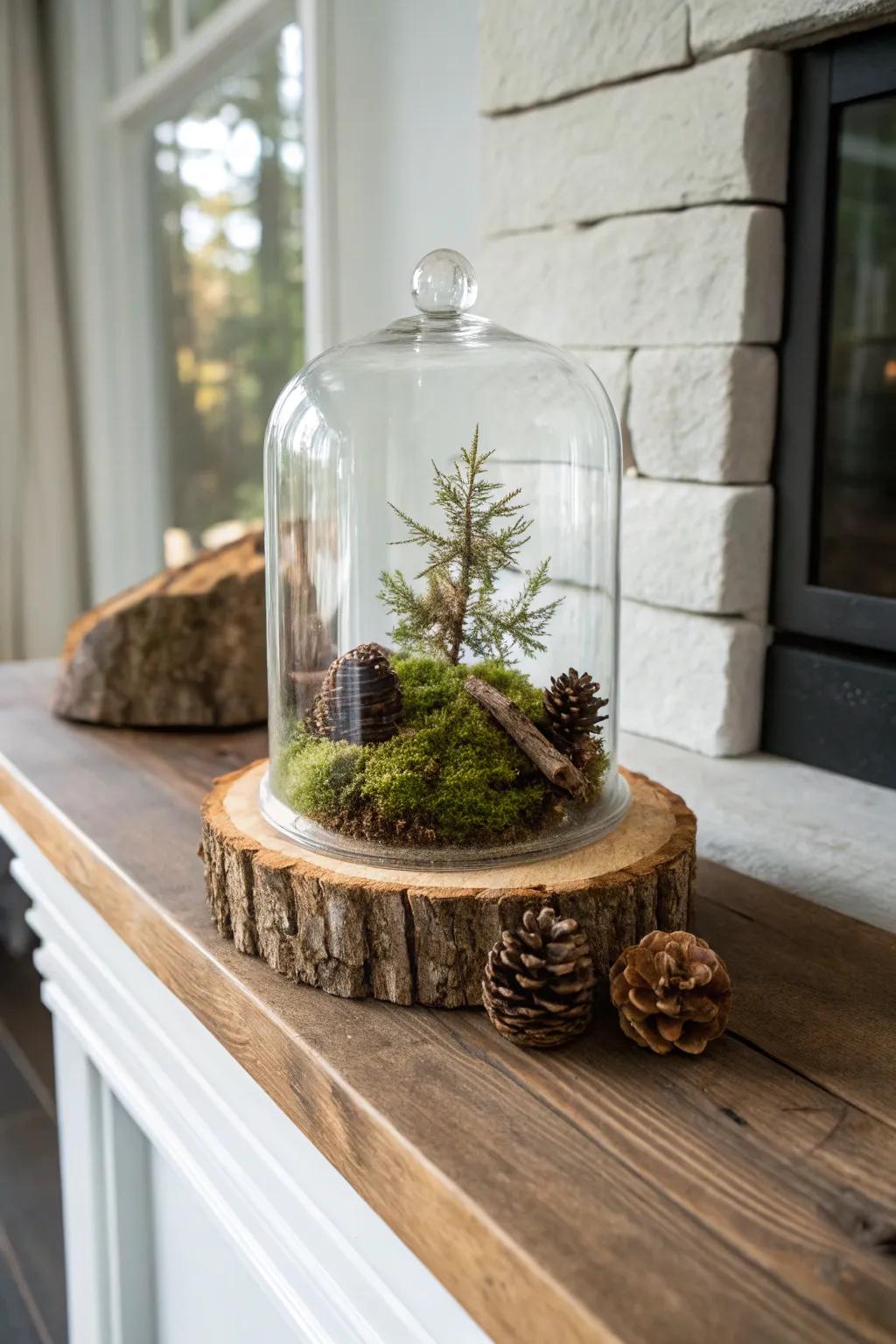 Foraged moss under glass—mini forest magic that pops against a rugged cabin mantel.
