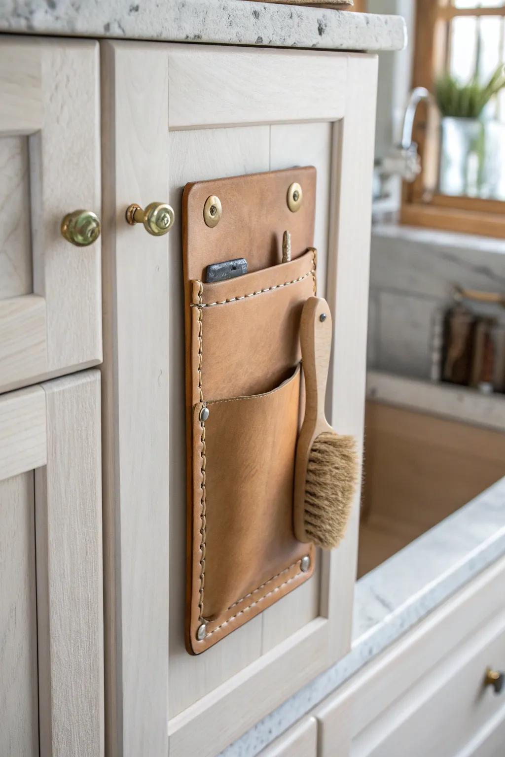 Leather sling pocket on light oak cabinet door—rustic, feminine storage for odd-shaped essentials.