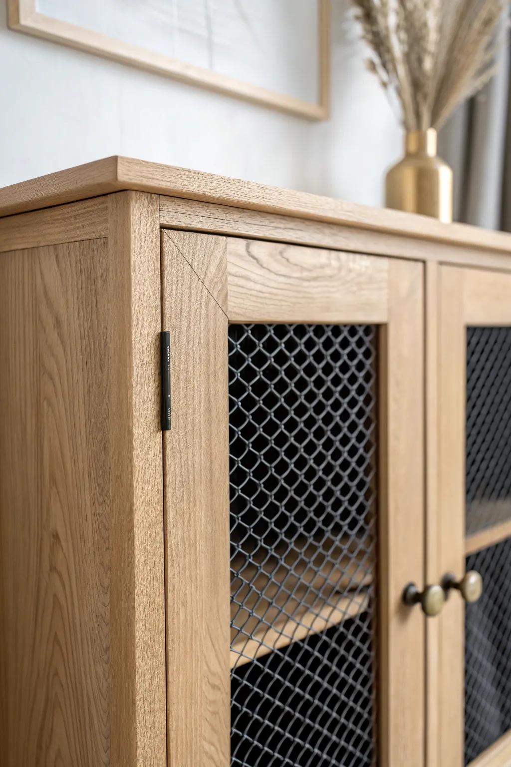 Metal mesh insert fronts: airy, refined, and perfect for hiding clutter with style.