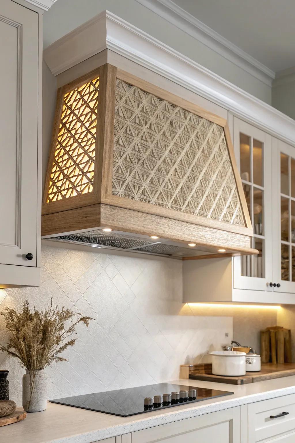 Backlit oak lattice turns a cabinet range hood into warm, minimalist functional art.