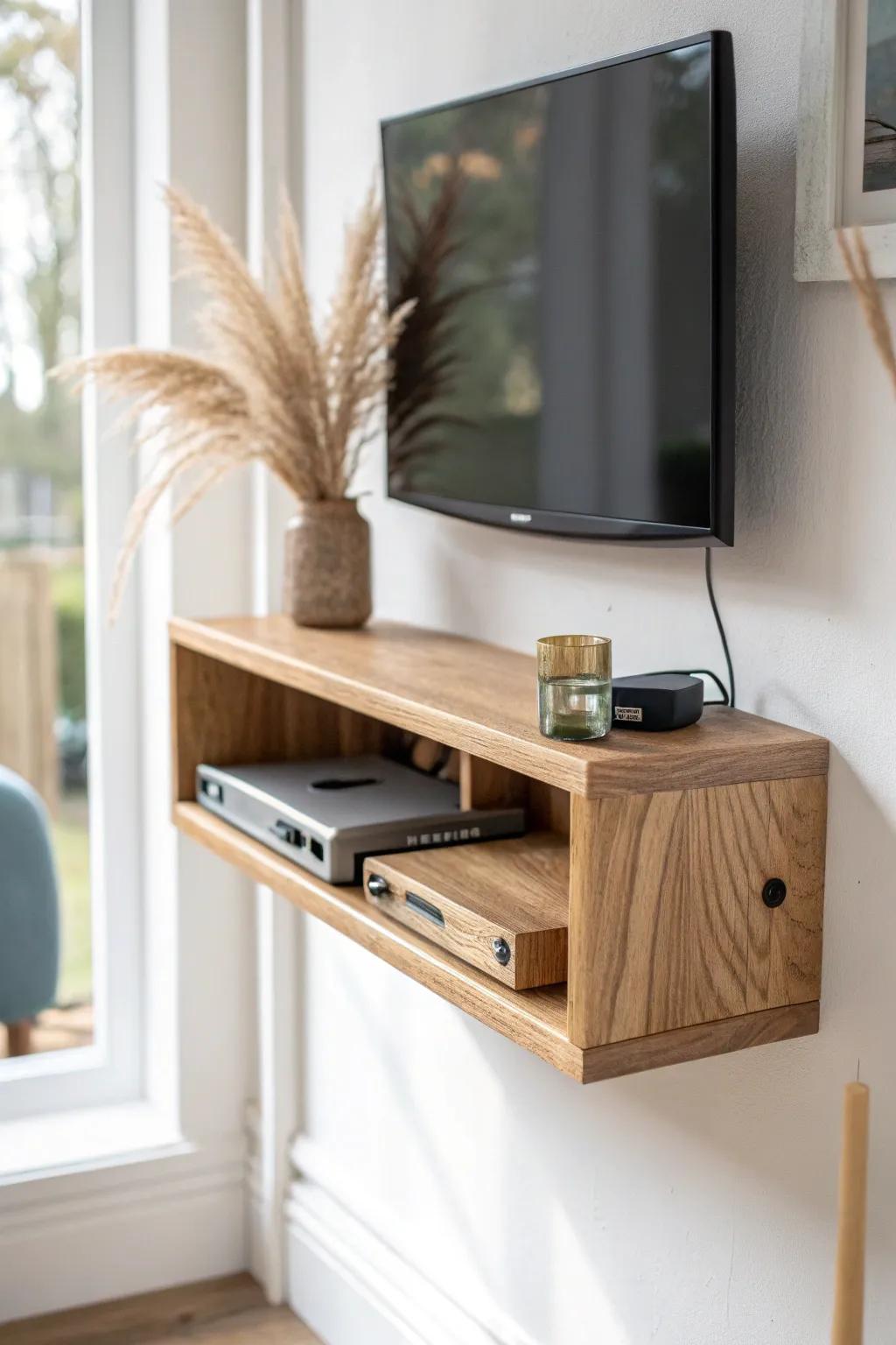 Swivel-mounted oak shelf that pivots out for quick cable access and effortless dusting.