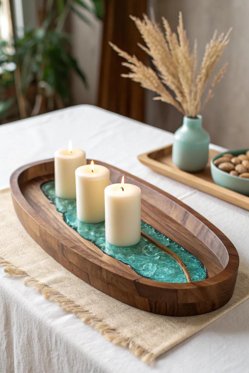 Walnut + resin “river” candle tray—minimal candles, maximum glow and handcrafted shine.