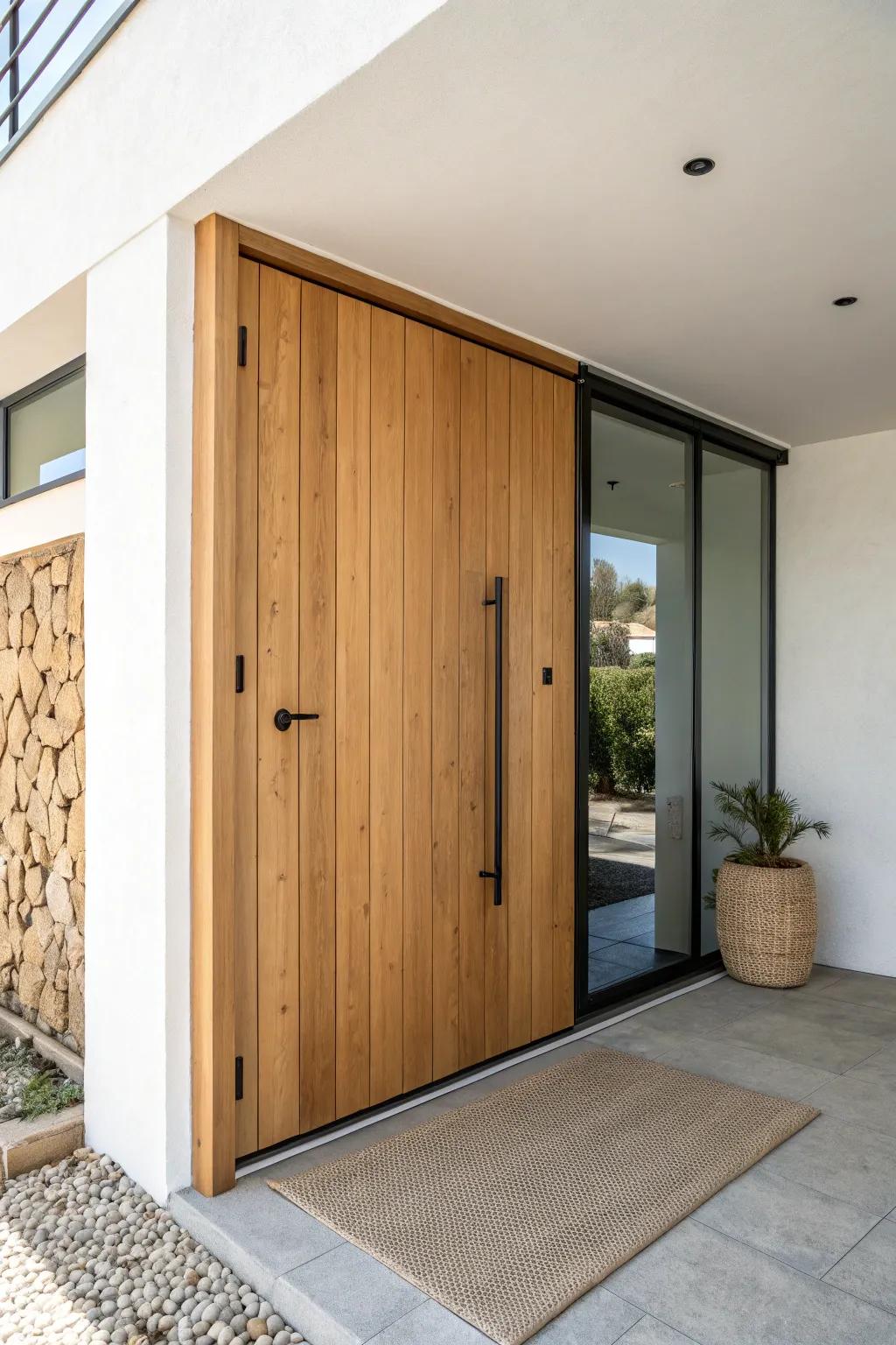 Oversized pivot door drama—one sculptural wood panel that turns a carport into curb appeal.