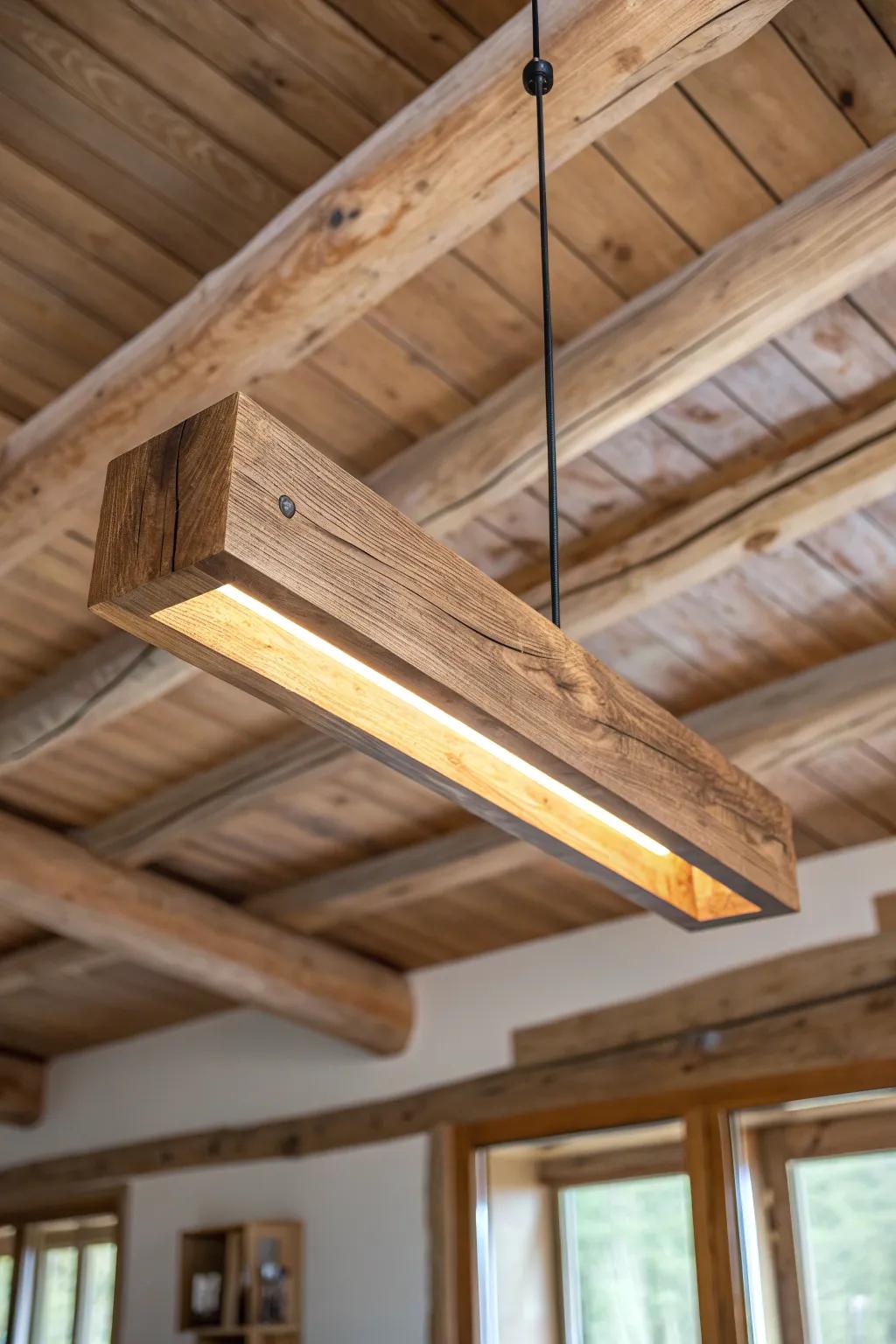 A glowing resin “river” set into a wood beam pendant—rustic cabin warmth with modern shine.