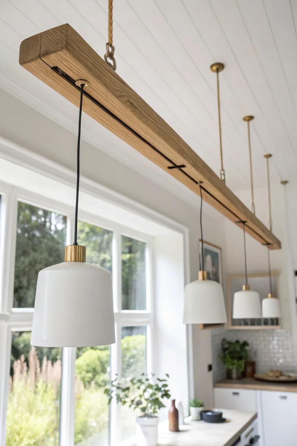 Handcrafted wood light rail draws a clean ceiling transition—pendants over the island, serene above the lounge.