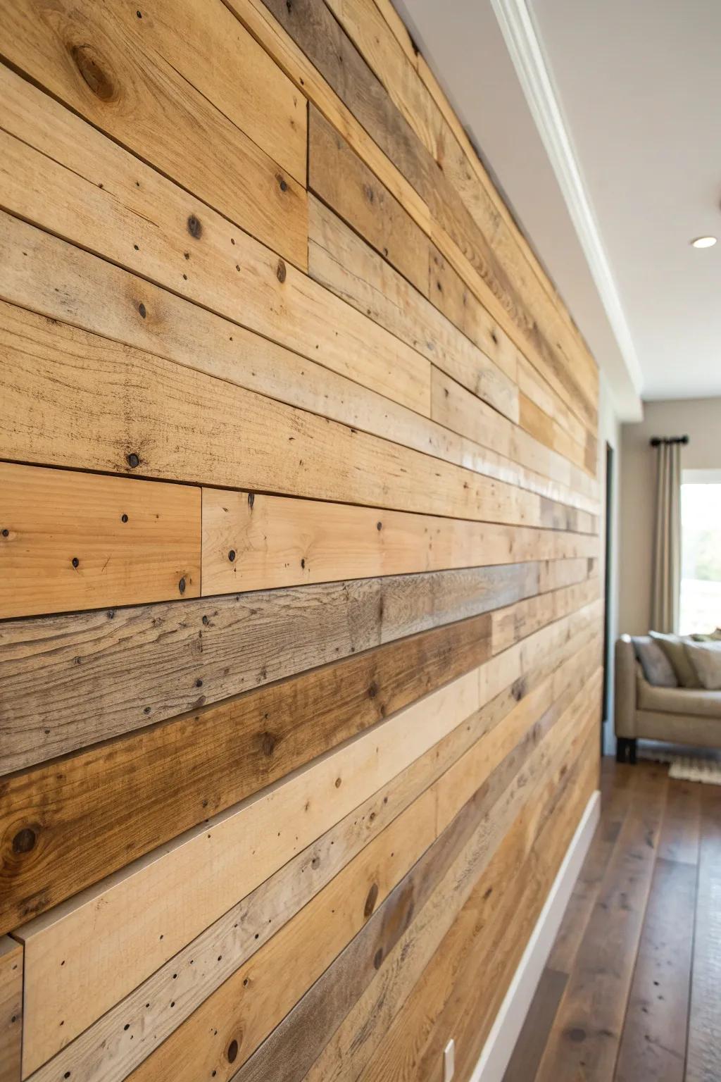 Mixed-width planks with tiny gaps create bold shadow lines—budget boards, designer look.