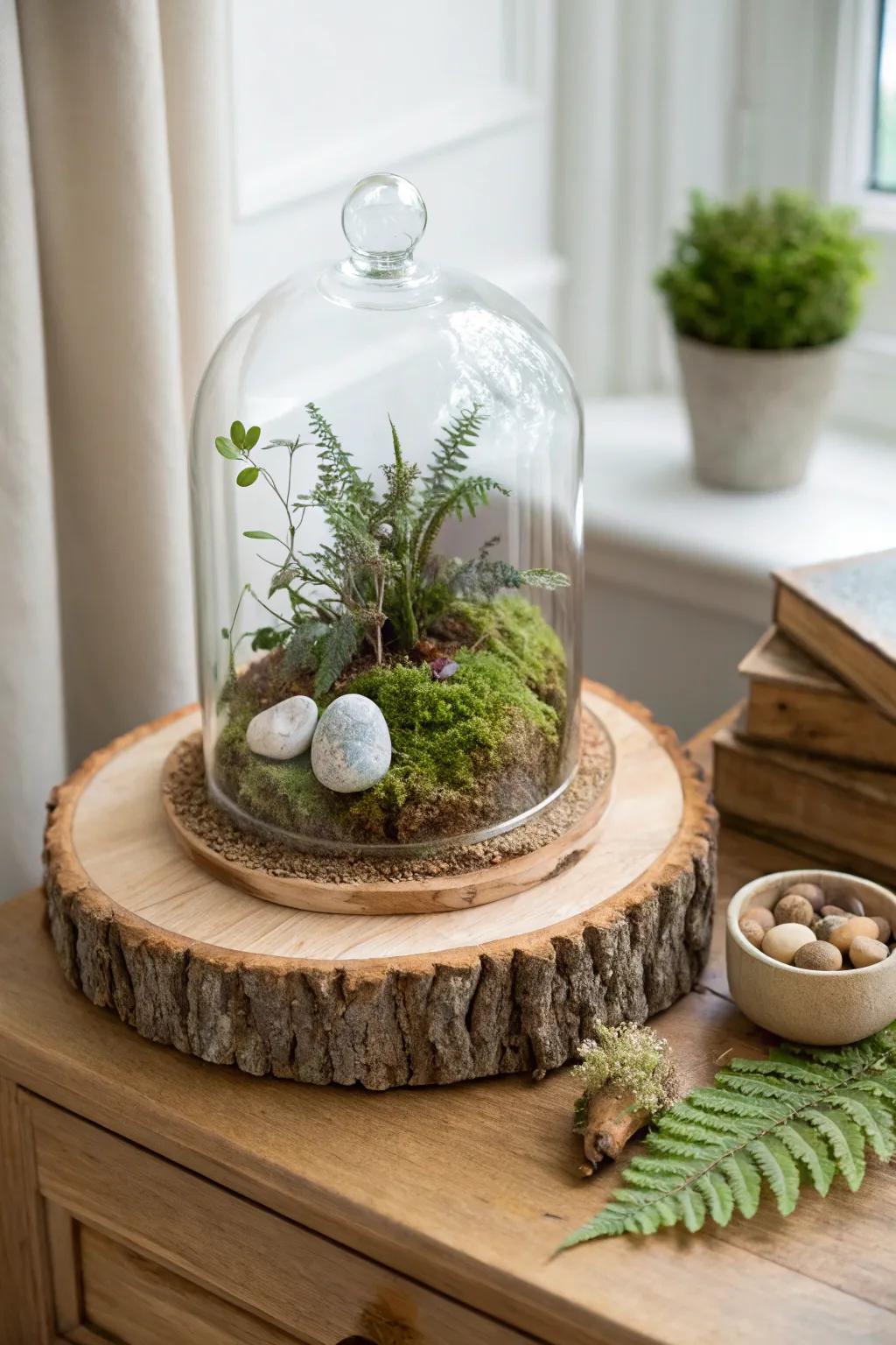 Turn your chest into a tiny museum: a glass cloche terrarium with moss and wood scraps.