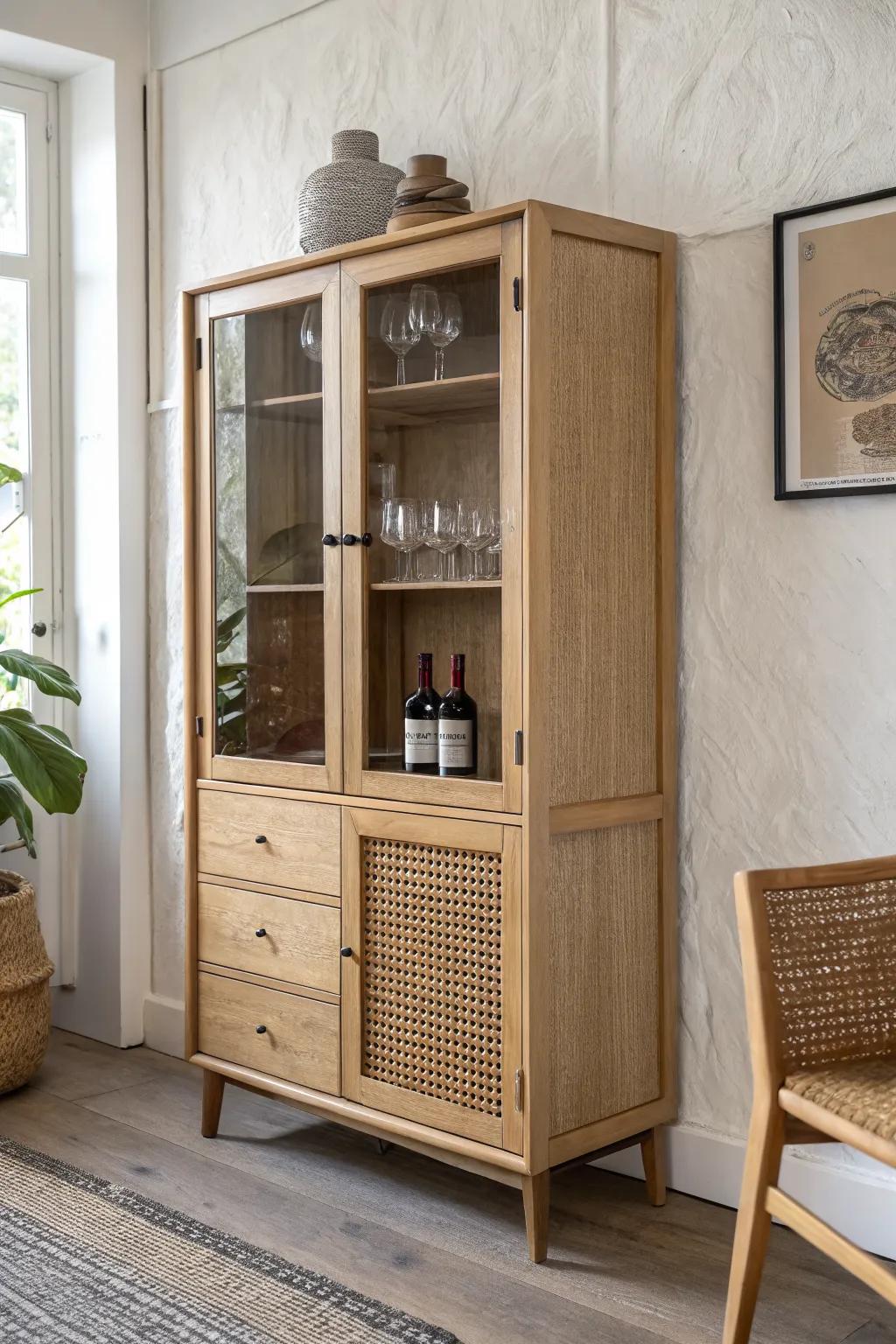 A hidden speakeasy drawer turns a simple china cabinet into a chic, secret home bar moment.