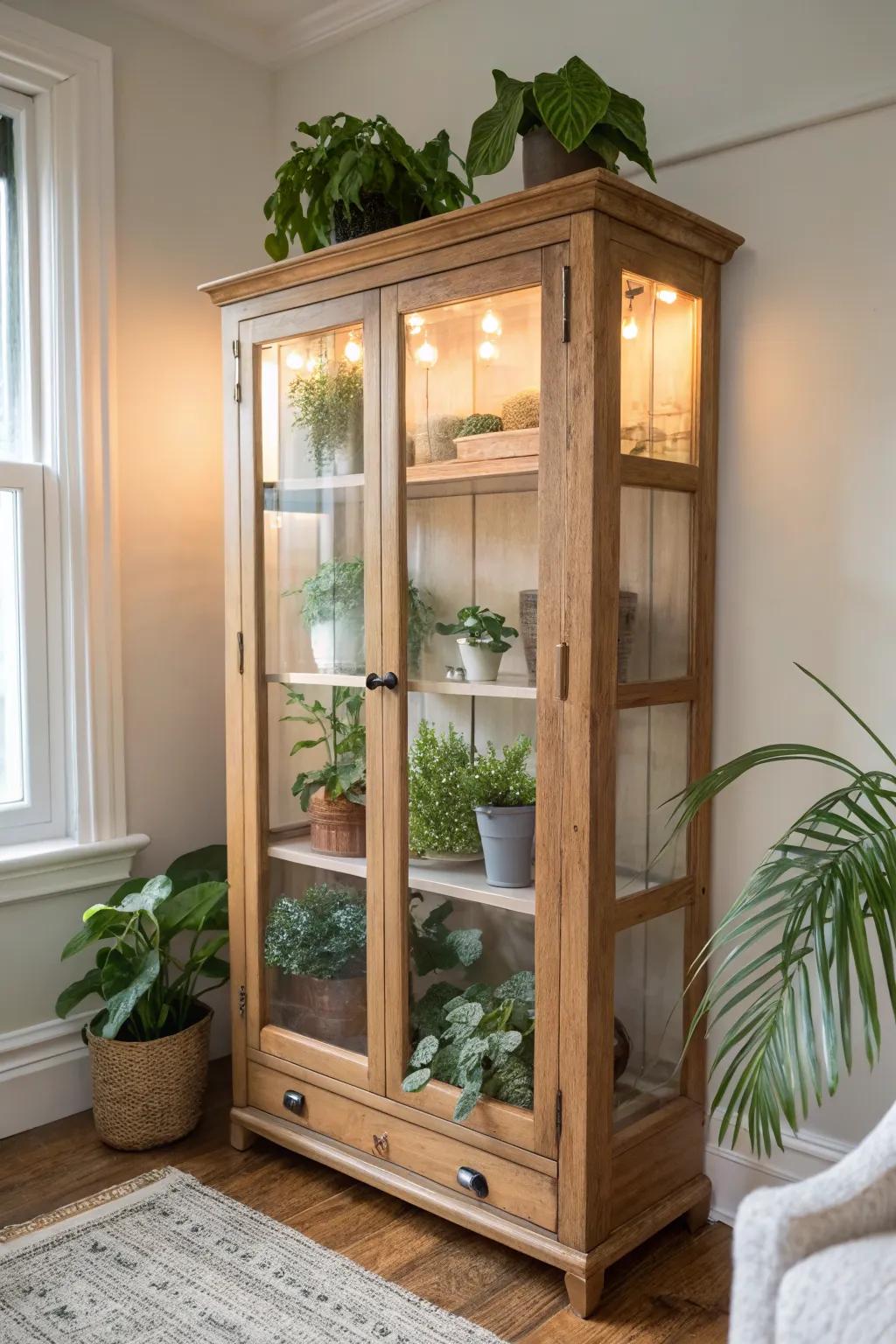 Turn a glass-door china hutch into a glowing plant conservatory with shelves, lights, and humidity.