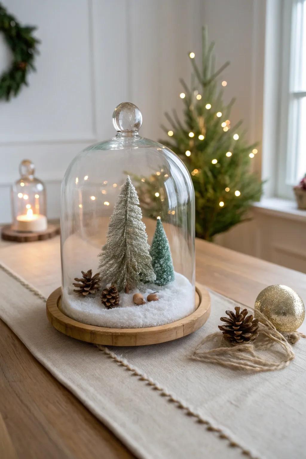 A simple glass cloche winter scene—tiny tree, faux snow, and one ornament on warm oak.