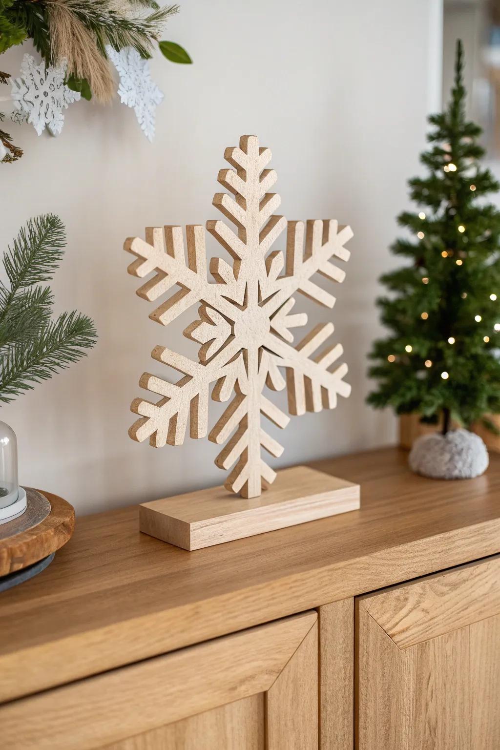 Handmade whitewashed wooden snowflake—minimal, sculptural hutch styling with warm grain.