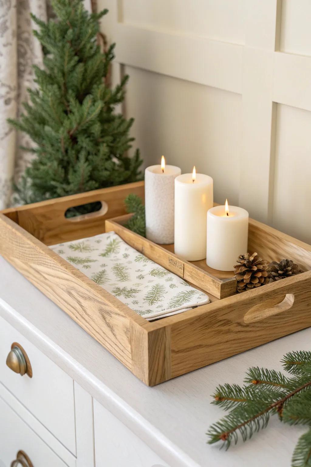 A simple wood tray + wrapping paper insert makes Christmas styling beautiful—and cleanup instant.