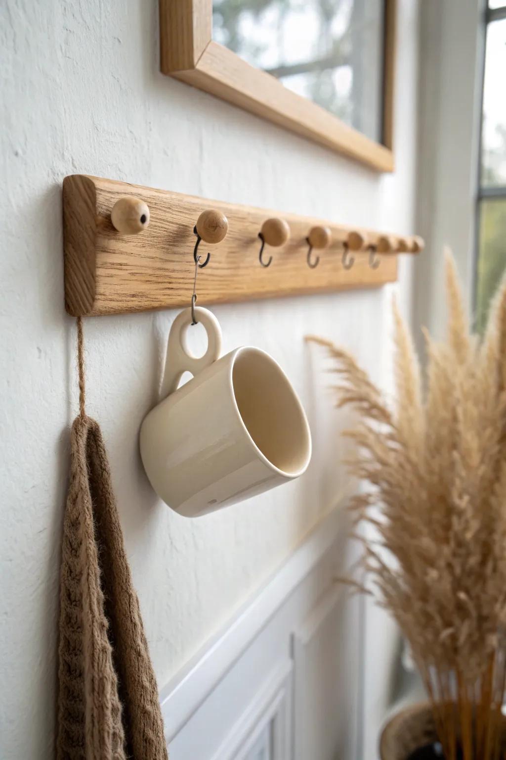 Handmade oak peg rail mug wall—simple, durable, and perfect for a welcoming church coffee bar.