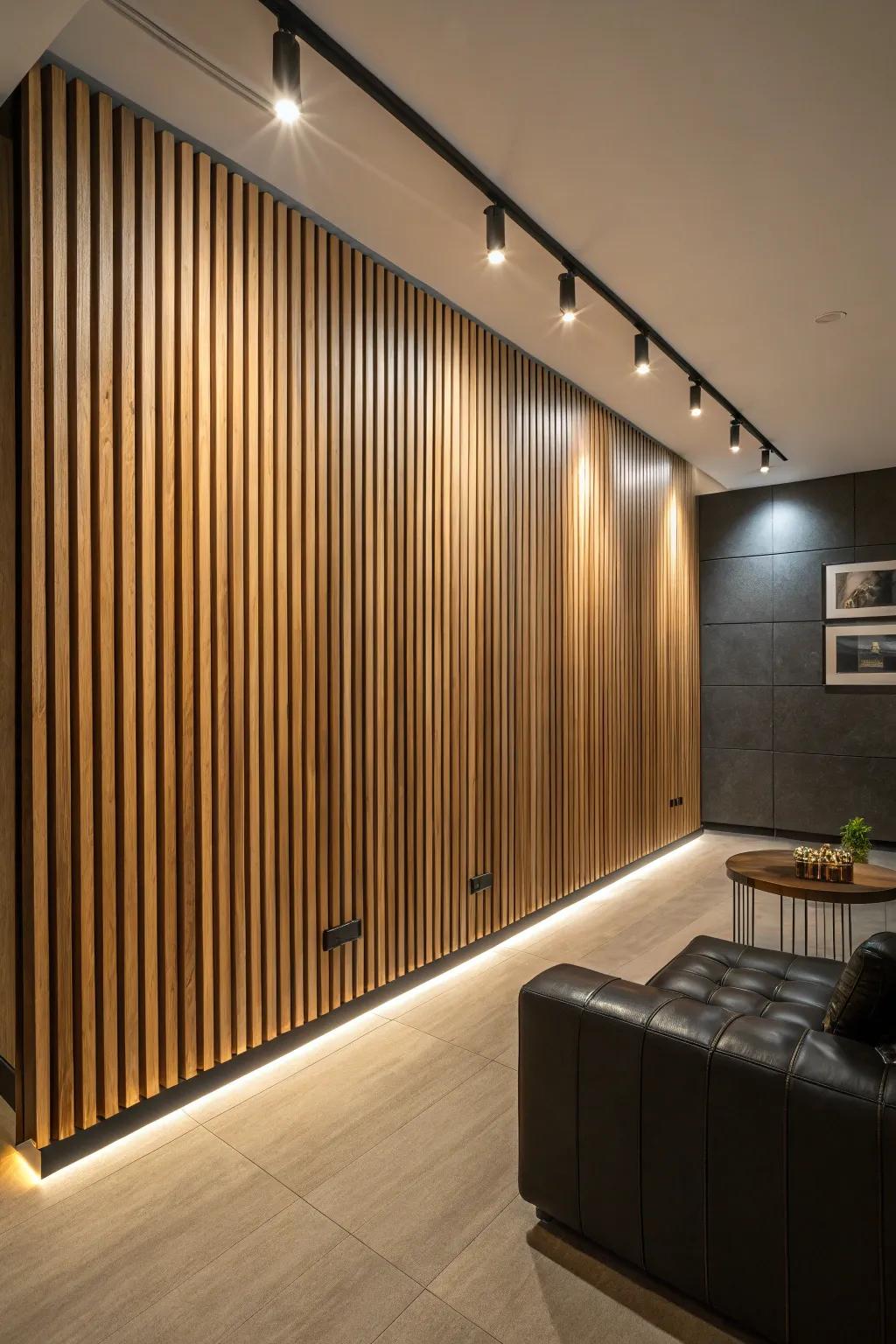 Light oak slat + dark felt acoustic wall—minimal, moody, and perfect for an intimate cigar lounge.