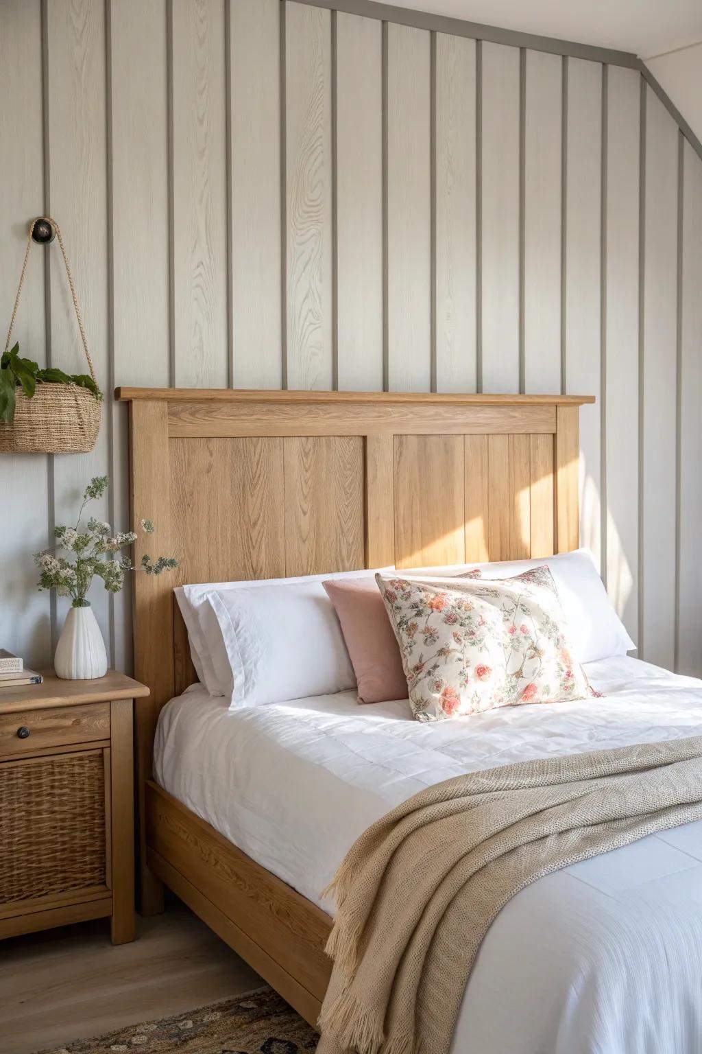 Muted stripes behind a warm oak headboard—classic, calm, and quietly romantic.