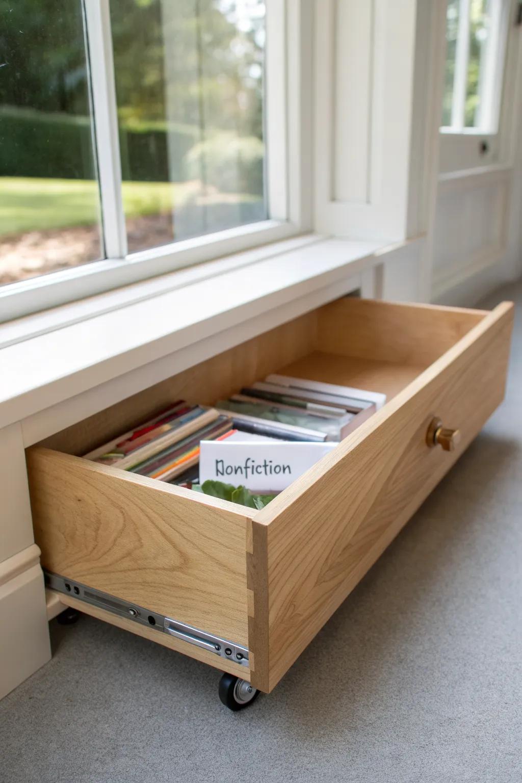 A hidden under-window drawer on casters turns classroom overflow books into a secret library.