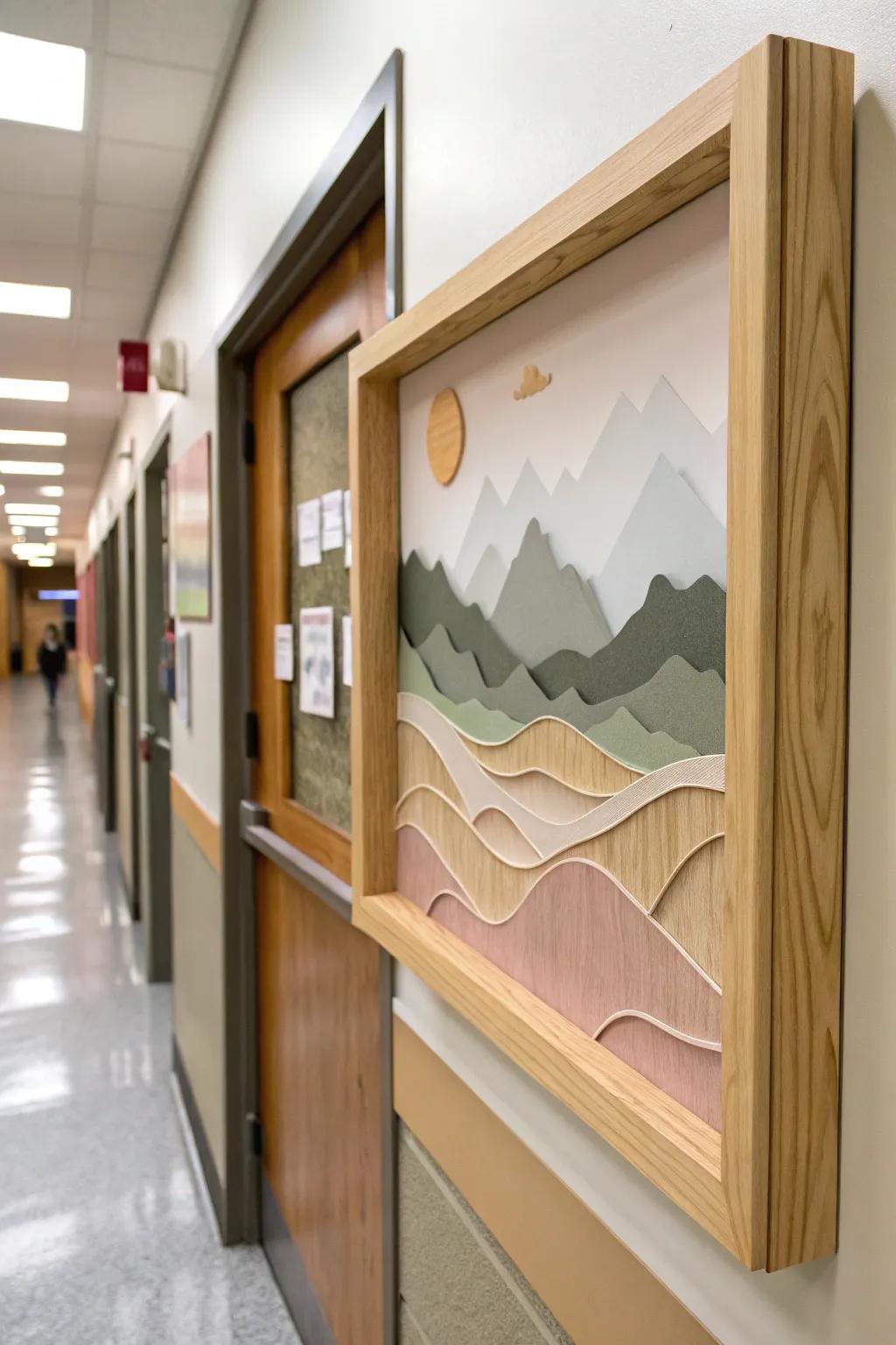 Shadowbox door diorama with pine frame and layered mountains—an instant classroom wow moment.