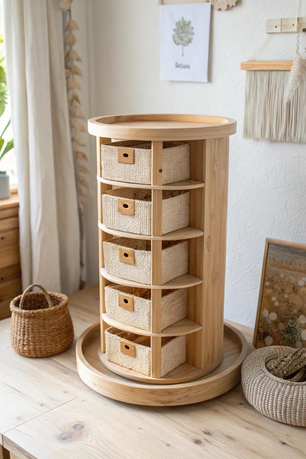 A rotating wood carousel shelf keeps small-group materials organized and easy to grab.
