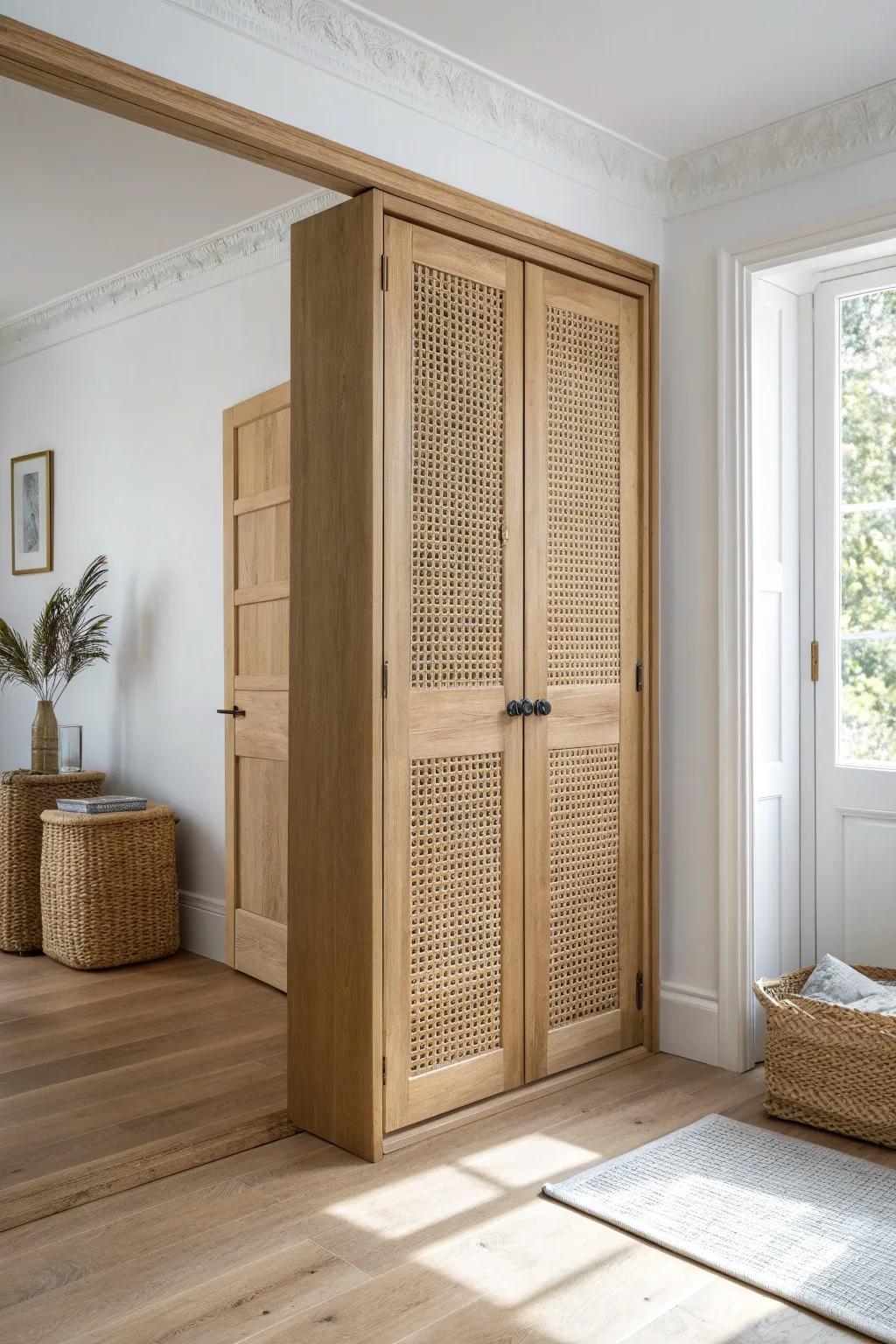 Light oak closet door with cane insert—airy texture that keeps small spaces feeling open.