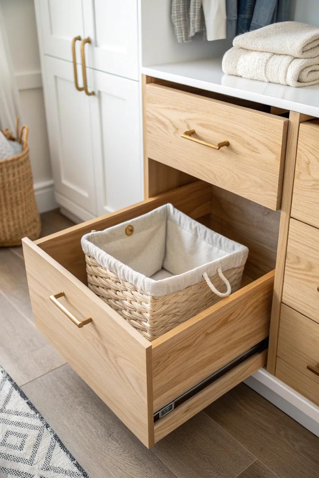 A hidden pull-out hamper drawer in light oak keeps laundry tucked away—clean, calm, beautiful.