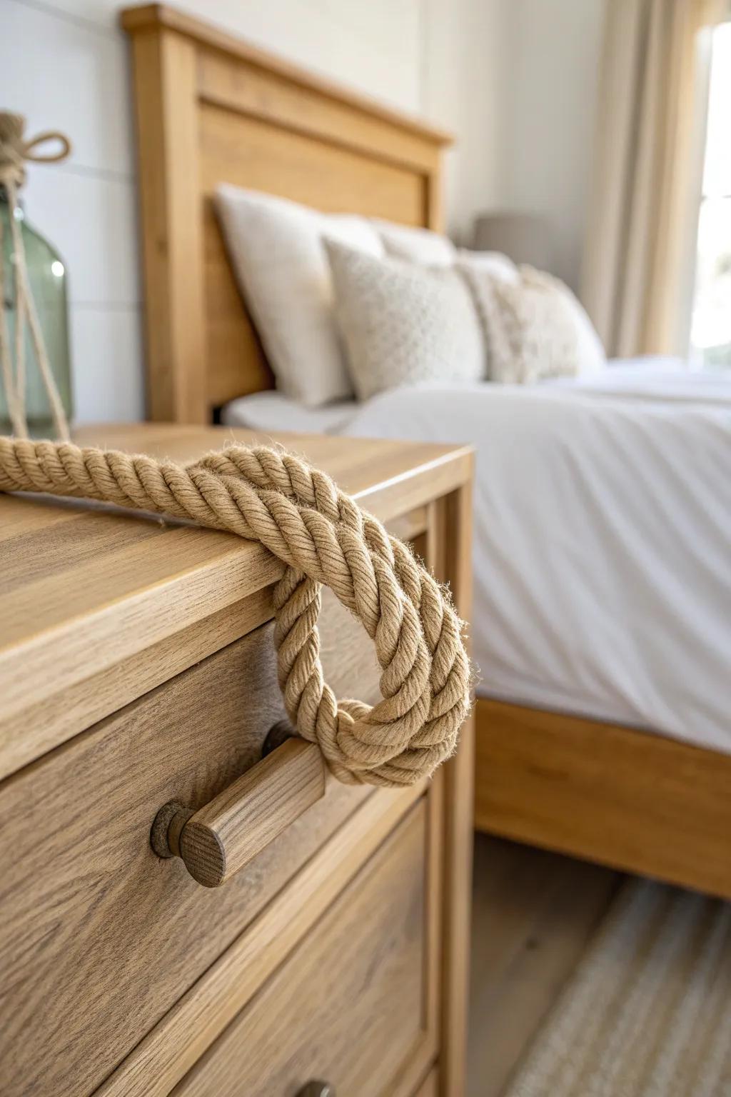A simple rope-wrapped drawer pull adds a subtle coastal touch to farmhouse wood furniture.