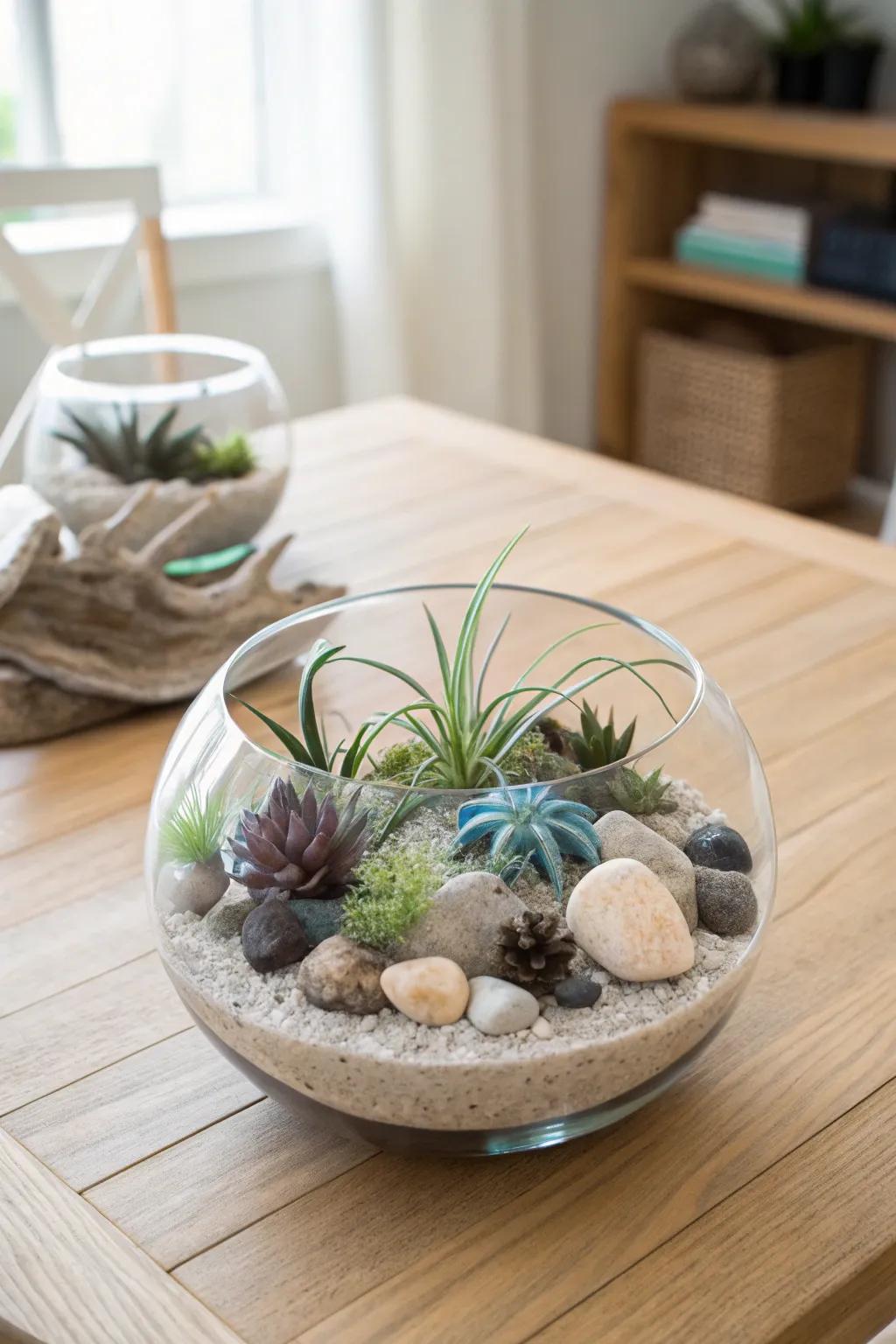 A tidepool-inspired terrarium centerpiece—stones, air plants, and soft ocean-blue accents.