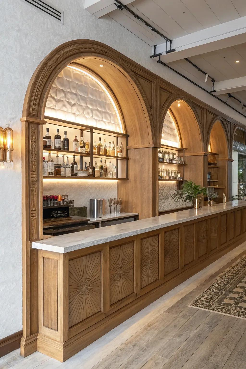 Arched wood-trim niches add boutique drama to a commercial back bar—simple, warm, refined.