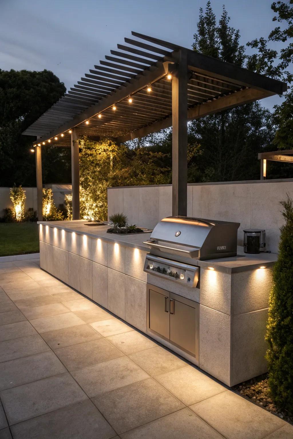 Elevate your grilling experience with a modern concrete BBQ and enchanting built-in lighting.