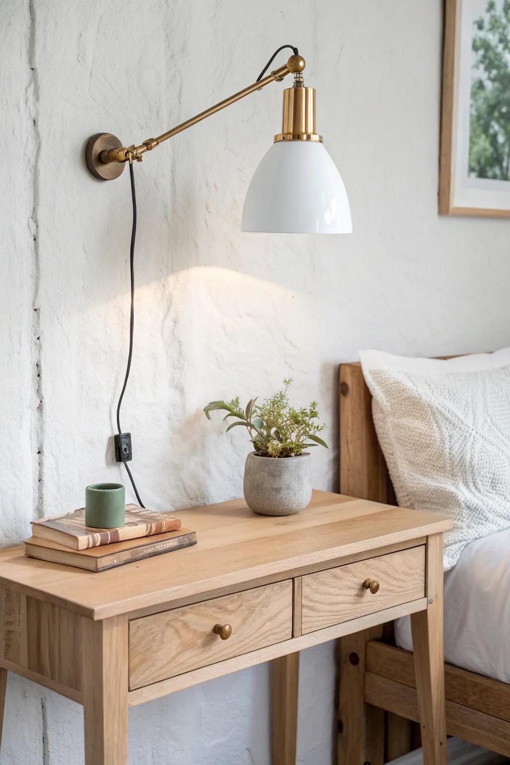 A plug-in sconce above the bedroom console table frees surface space and adds designer glow.