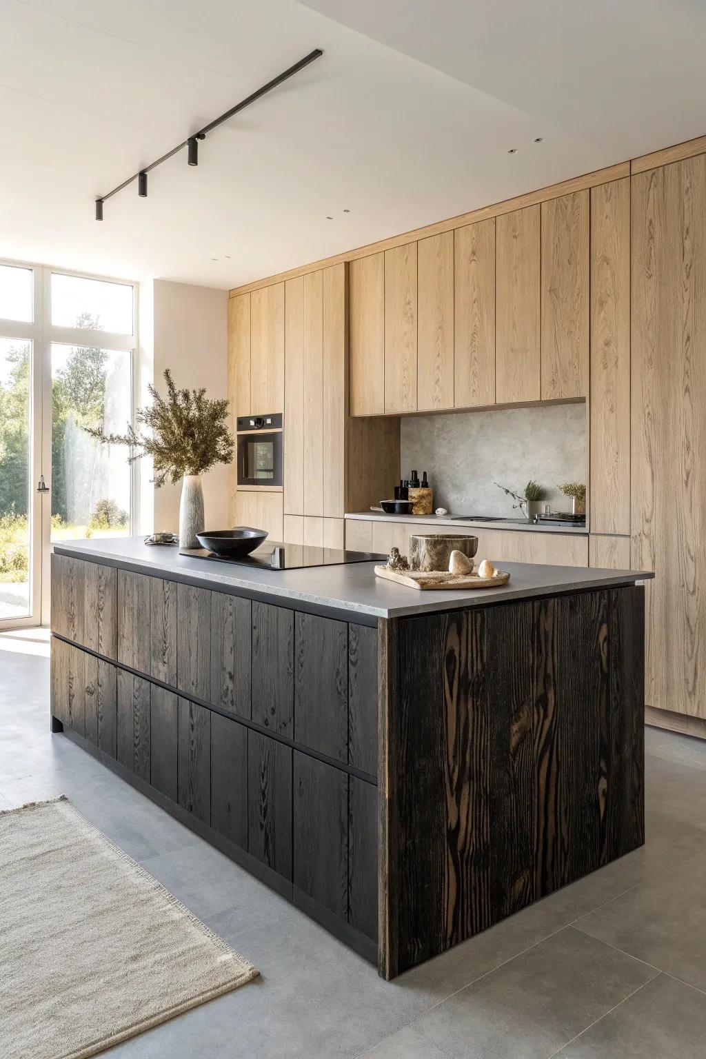 Charred Shou Sugi Ban island against pale cabinets—minimalist contrast with handcrafted depth.